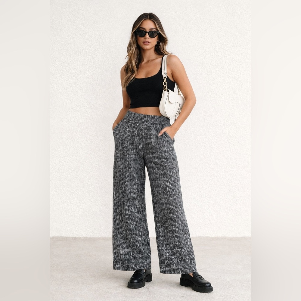 Commense Black Speckled High Waisted Wide-Leg Woven Pants‎ Sz. M NWT